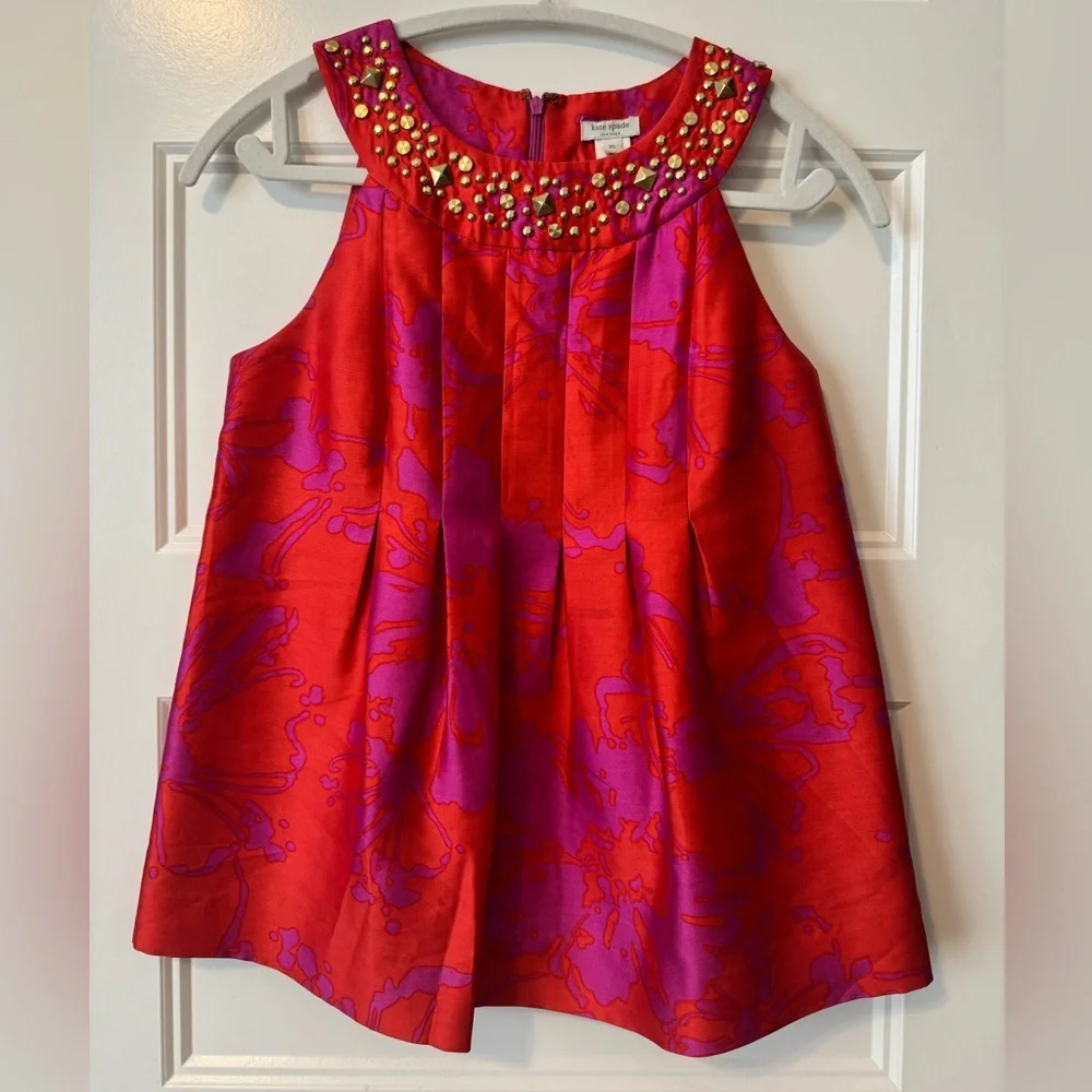 Kate Spade Silk Embellished Neck Top XS Pink Magenta Floral Studded Blouse